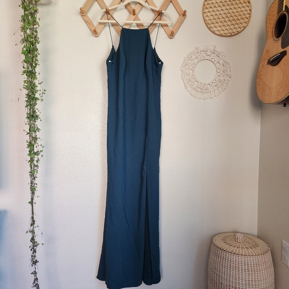 Thread Open-Back High-Neck Halter Trumpet Gown